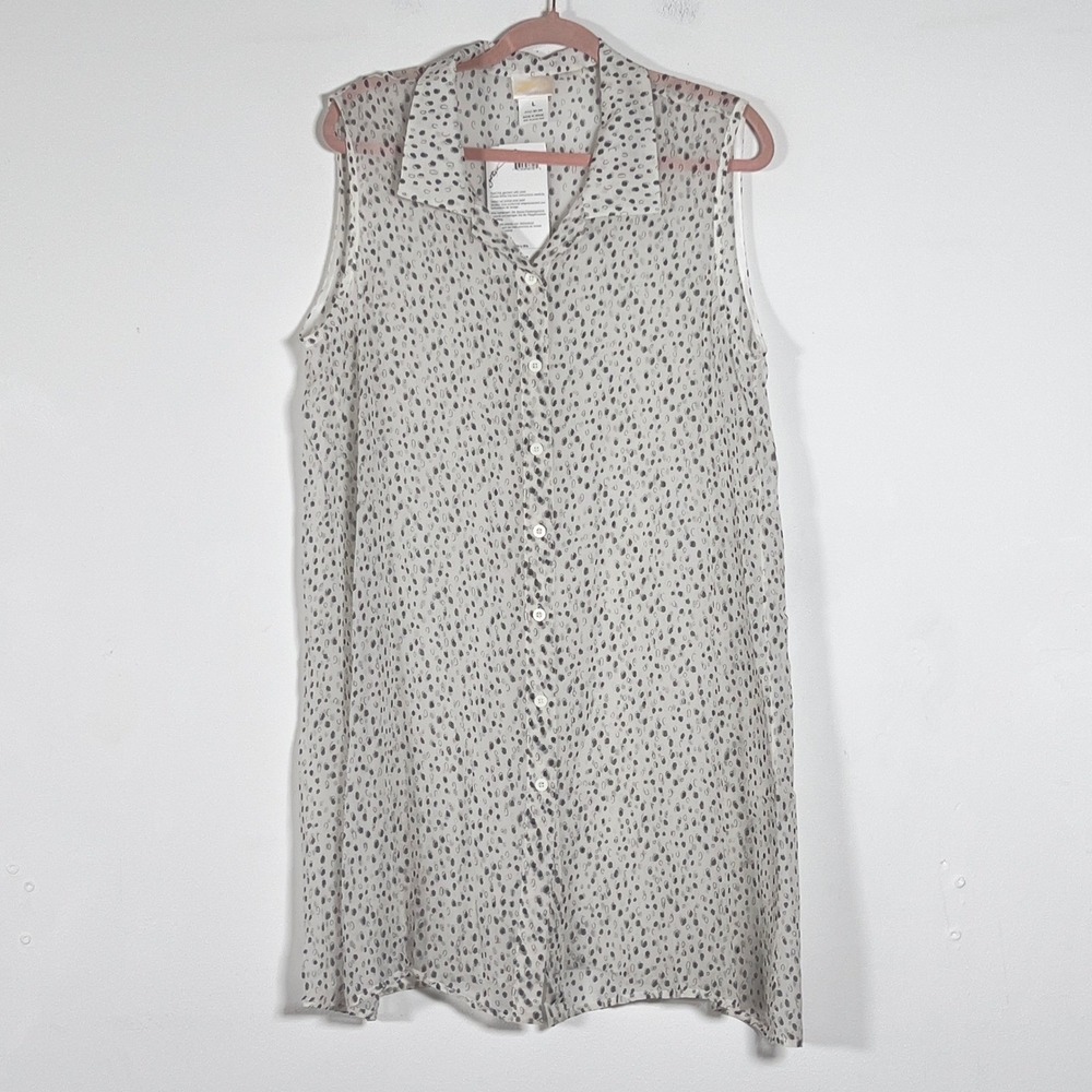 Gottex Silk Sleeveless Tunic Shirt Women Sz L Sheer White Black Polka Dot NWT